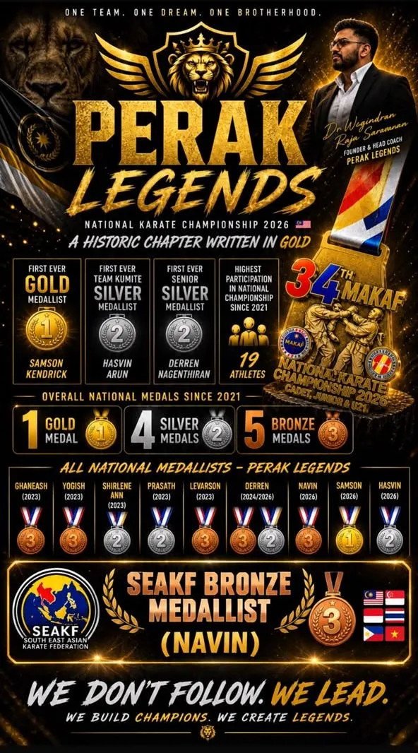 Perak Legends Hall of Fame 2026 poster listing the academy's national medallists