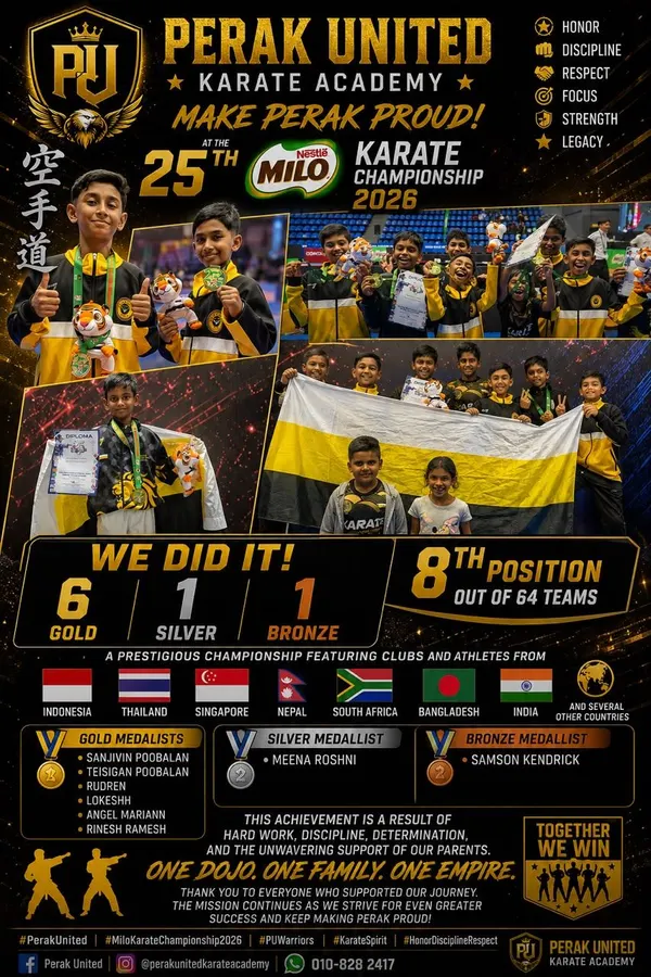Perak Legends' young athletes with their medals at the 25th MILO Karate Championship 2026