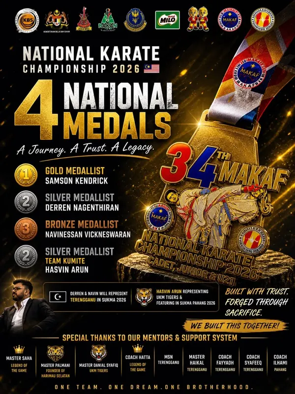 Poster celebrating Perak Legends' four medals at the National Karate Championship 2026